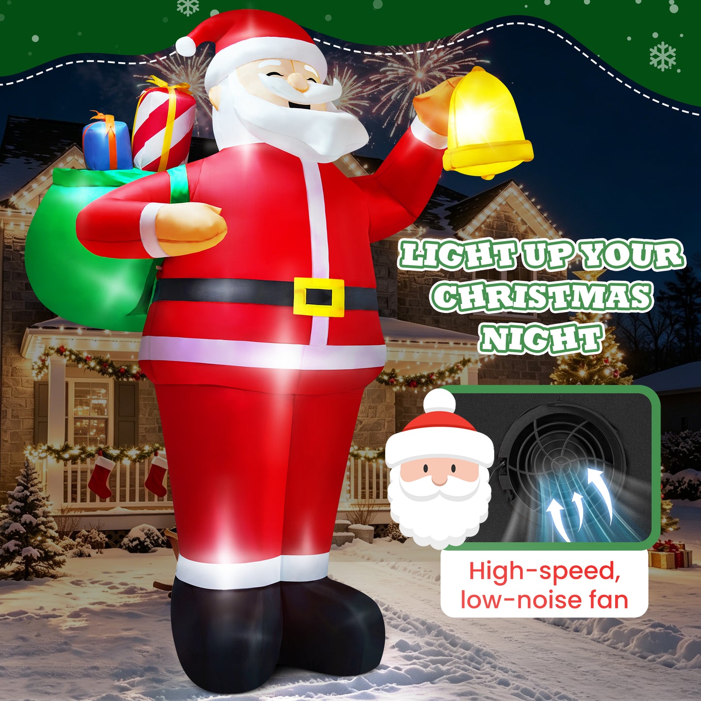 Yexmas 8ft Christmas Inflatable Santa Claus Outdoor Decor with Gift Bag and Bell,Large Blow Up Santa with LED Lights for Yard Lawn Garden