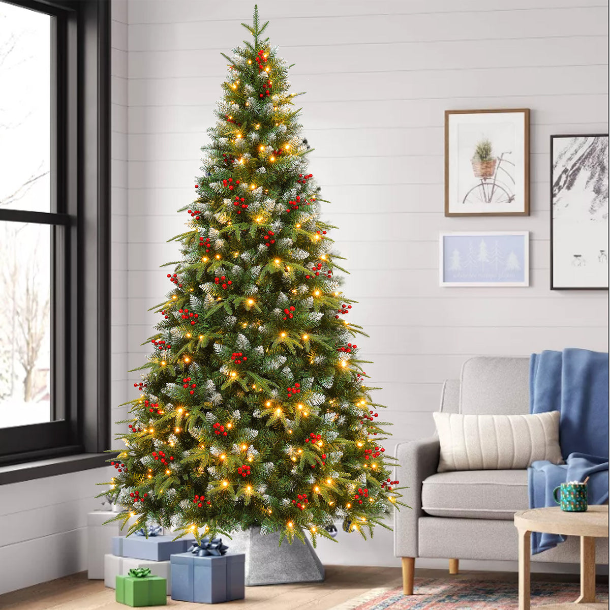 Yexmas 9ft Pre-Lit Artificial Christmas Trees,Green Xmas Tree with Large Christmas Tree Storage Bag, Berries, Realistic Artificial Christmas Trees for Home, Office, Party Decoration