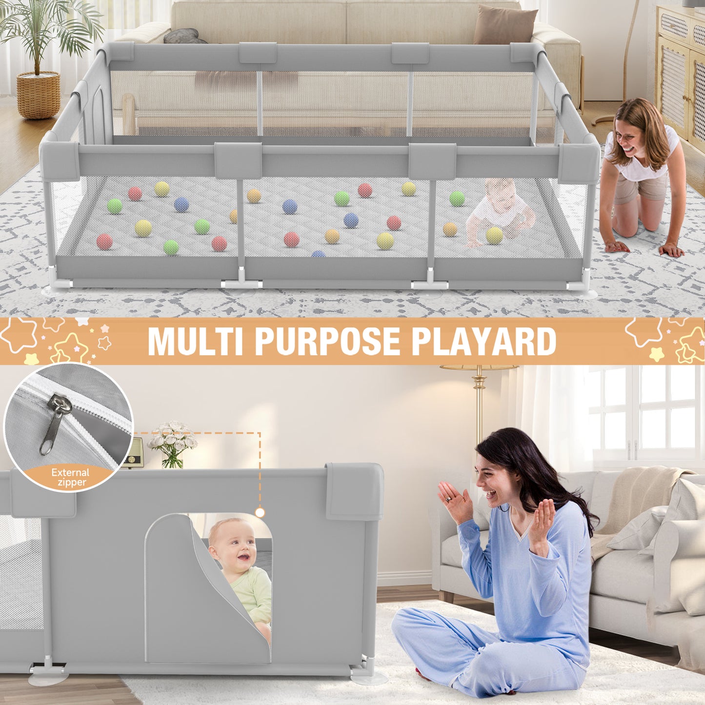 Babyeap Large Baby Playpen with Mat,71"x50"Playpen for Babies and Toddlers,Baby Play Yard Baby Fence Play Area Indoor Outdoor,LightGray