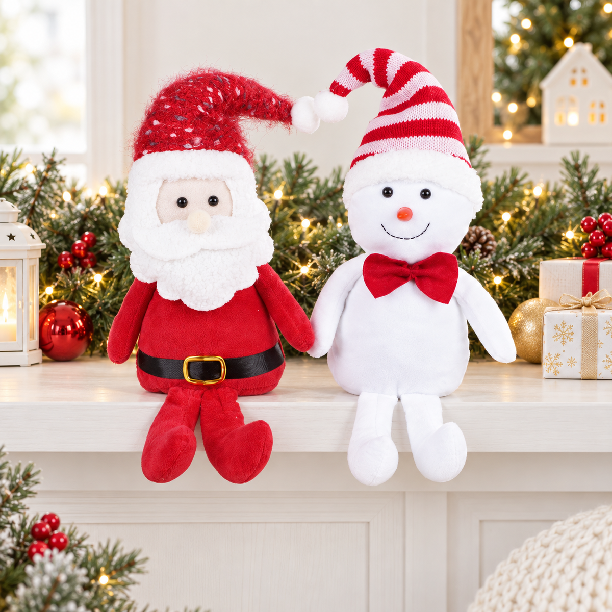 Yexmas 2pcs Plush Christmas Decorations with Snowman&Santa Claus, Handmade Soft Santa Doll, Stuffed Figurine Xmas Ornaments for Door Window Table Fireplace Party Holiday Decor