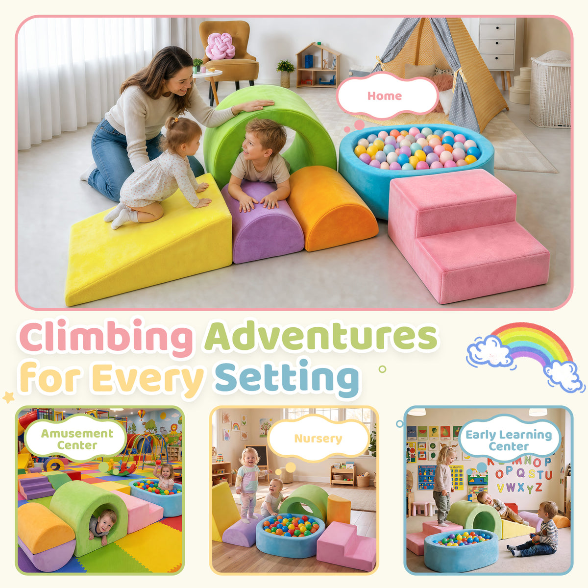 Yexmas 6-Piece Climbing Toys for Toddlers, Soft Foam Climbing Blocks with Ball Pit, Indoor Soft Play Set, Climb and Crawl Activity Play Gym Blocks for Boys Girls