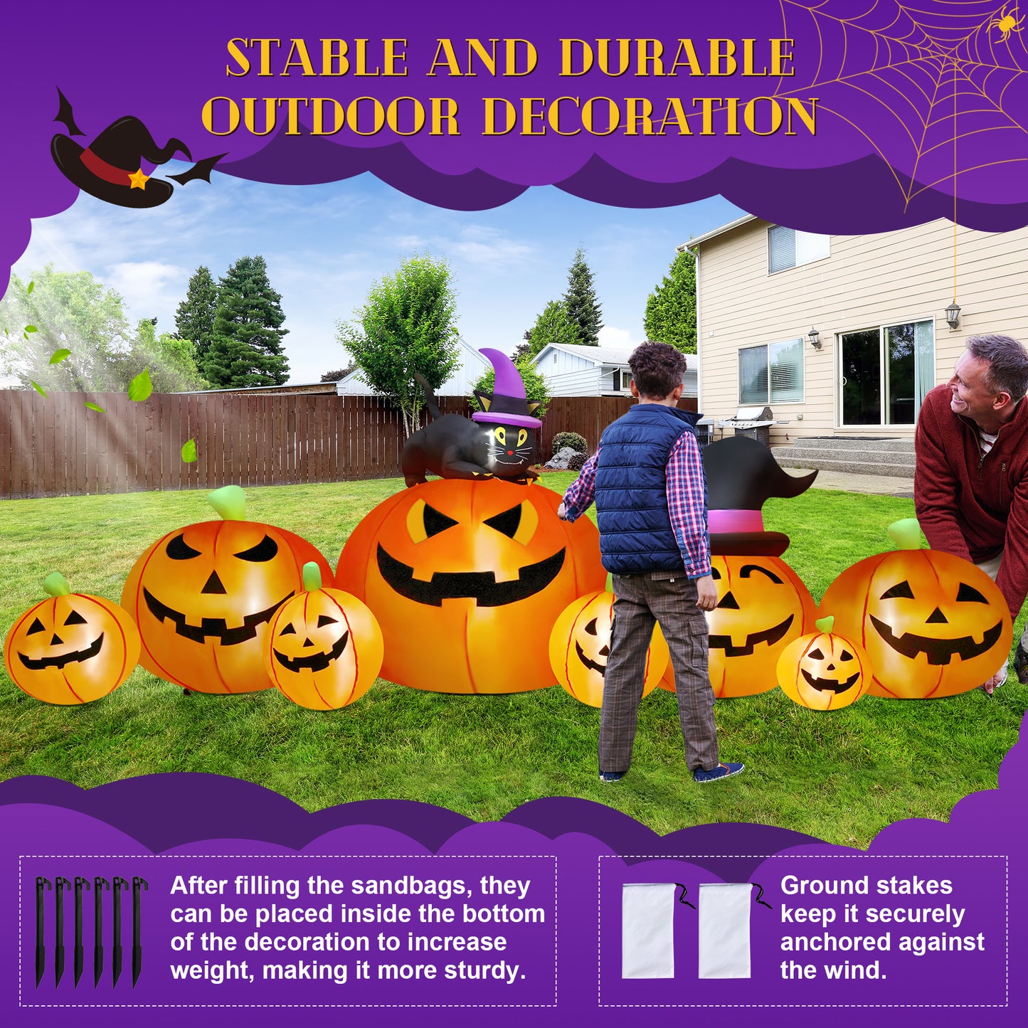 Yexmas 8.5FT Long Halloween Inflatables Pumpkin,8 Pumpkins Halloween Blow Ups with Black Cat & Witches Hat for Halloween Party Outdoor Yard Garden Lawn Decor