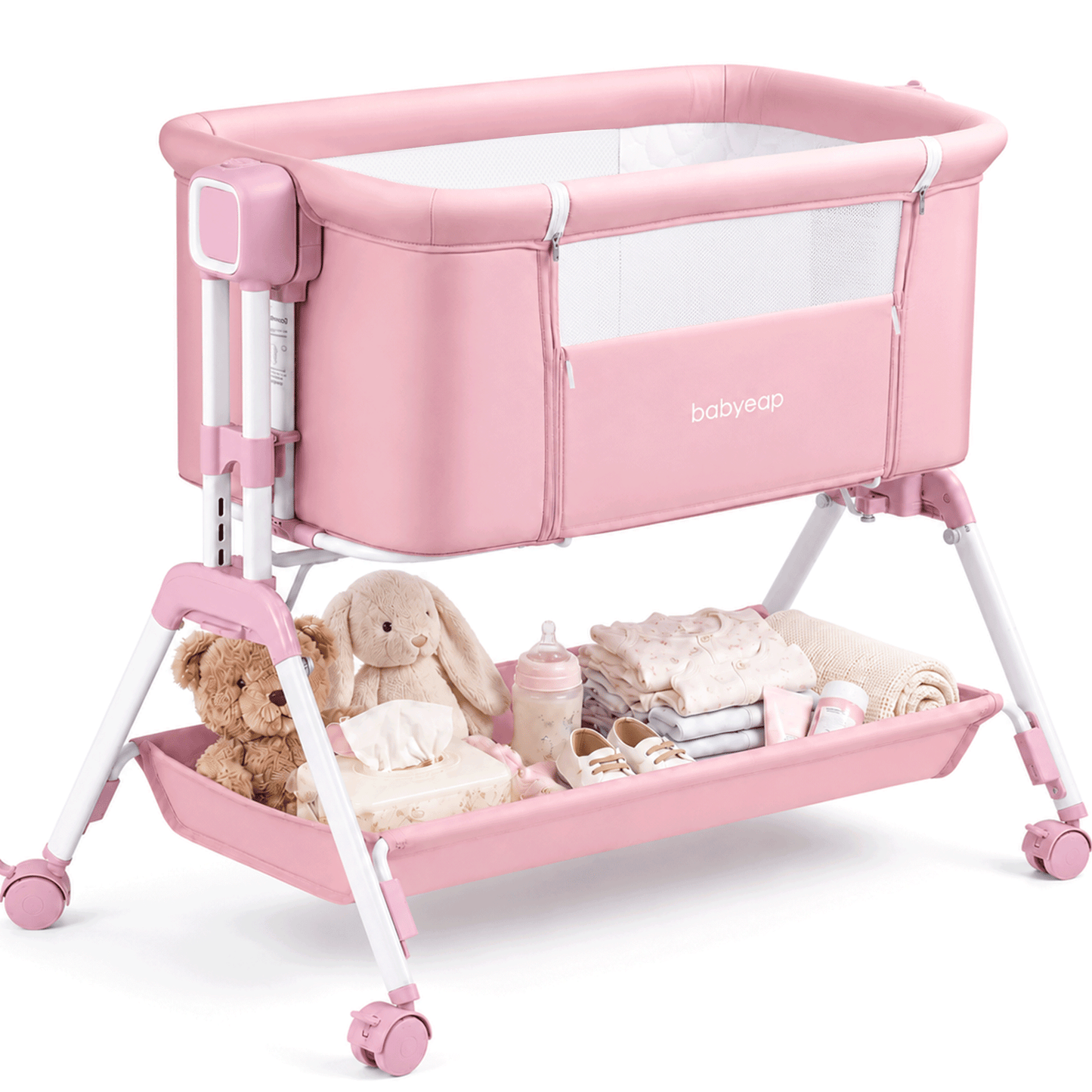 Babyeap 3-in-1 Baby Bassinet, Adjustable Bedside Sleeper with Gentle Rocking Motion, Storage Basket and Wheels for Infants, Gray