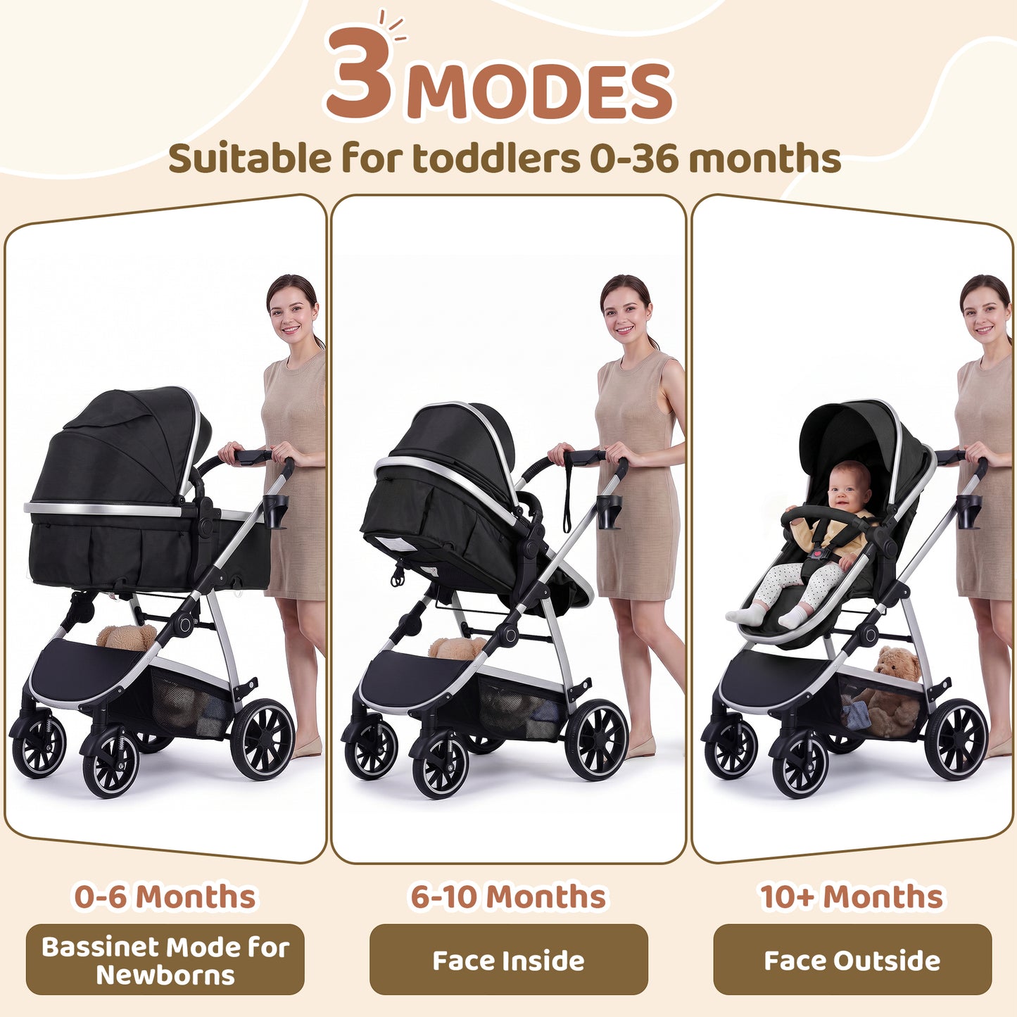 babyeap Baby Stroller,2 in 1 Lightweight Travel Stroller,Compact Foldable Stroller for Toddler with Reversible,Black
