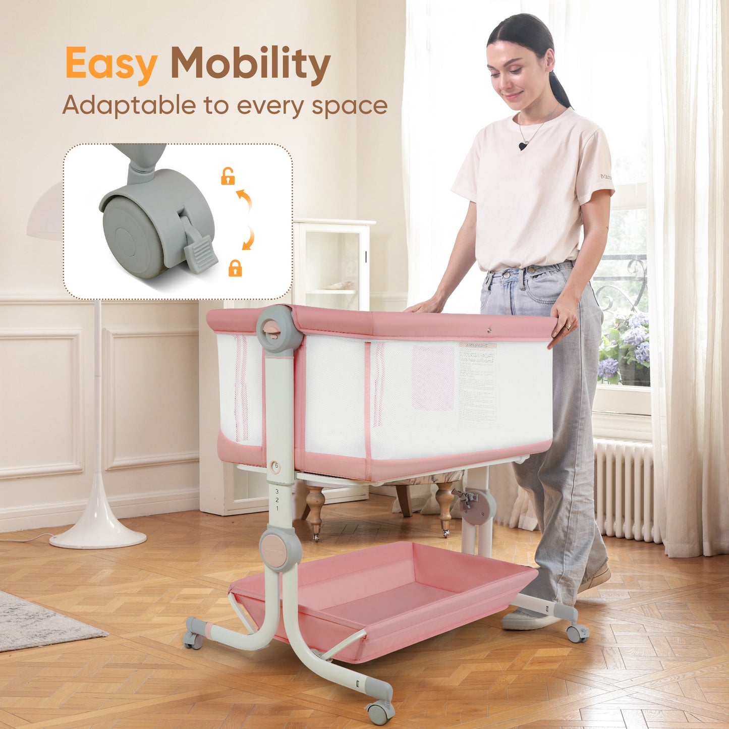Babyeap 3 in 1 Baby Bassinet,Baby Basinet Bedside Sleeper, Standalone Baby Crib,6 Height Adjustable Portable Crib for Newborn