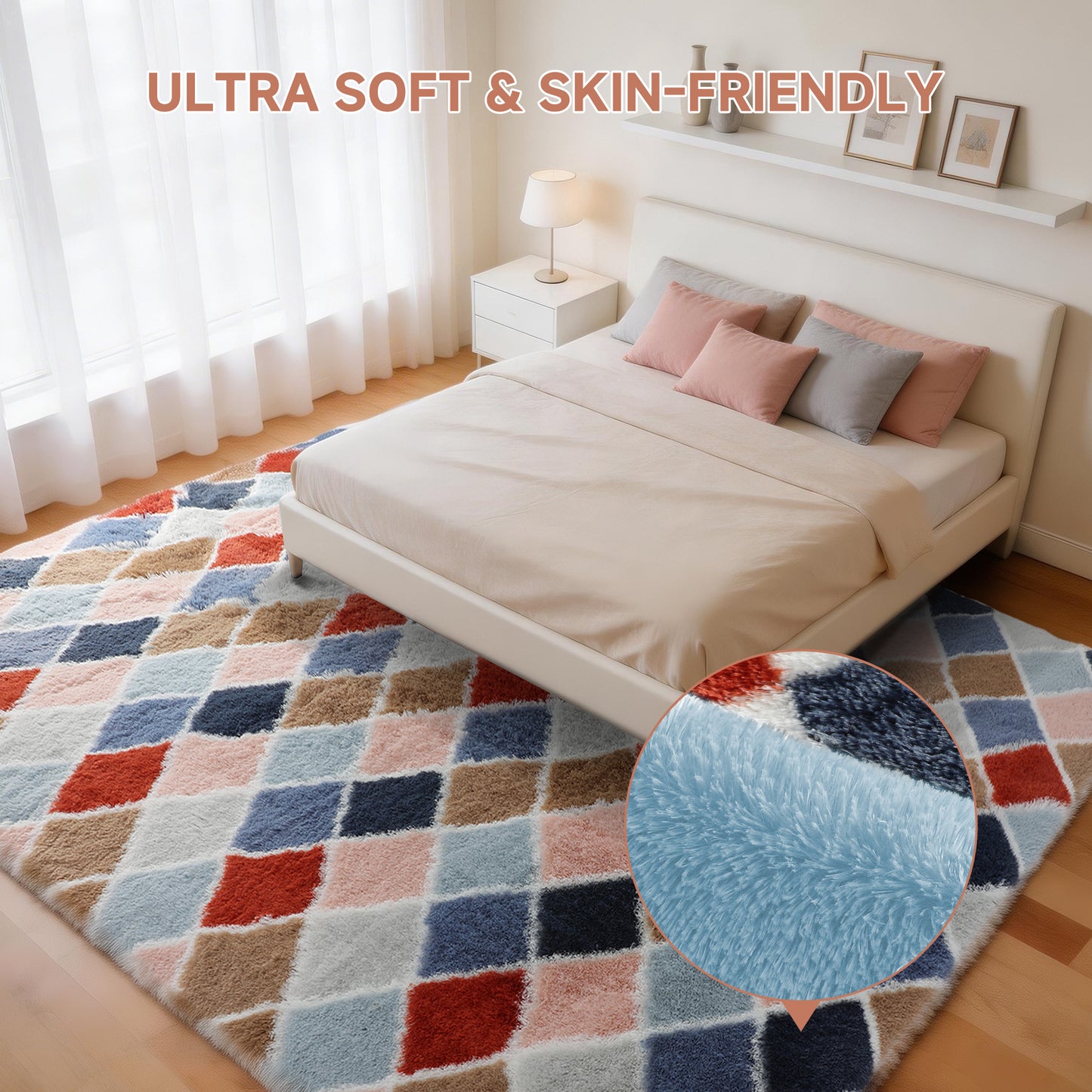 CozyDesg 4ftx6ft Area Rugs,Shag Fluffy Checkered Rugs for Living Room,Bedroom,Modern Room Decor Carpet, Non-Slip Floor Rug,ColorfulA
