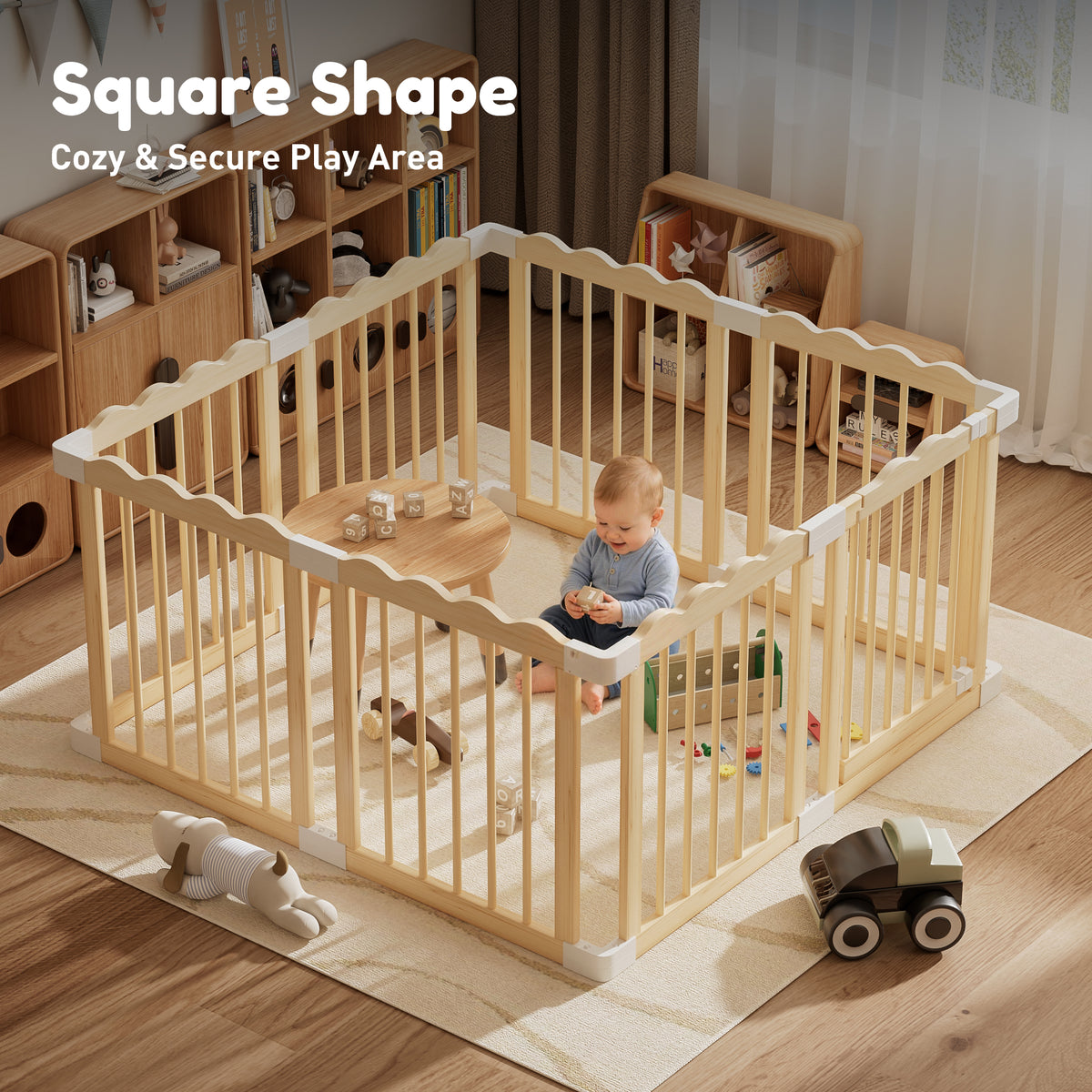 Babyeap Foldable Wooden Baby Playpen,Large Wood Play Yard for Babies and Toddlers, Baby Fence for Indoor Activity Center,47x47x23.6 Inch