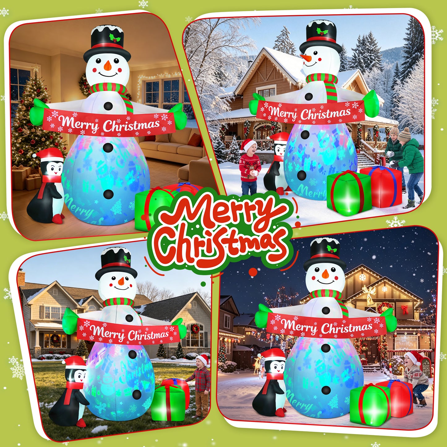 Yexmas 8FT Christmas Inflatable Snowman Blow Up Yard Decor with 360° Colorful Projection, Music On/Off, Penguin, Gift Boxes, Merry Christmas Banner for Outdoor Yard Decor
