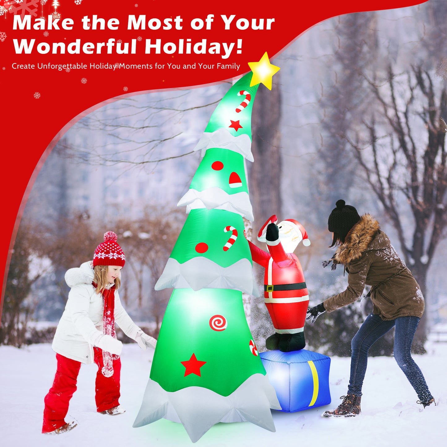 Yexmas 7FT Large Outdoor Inflatable Christmas Tree with Santa Claus on Gift Box, Built-in LED Lights, Blow Up Xmas Decoration for Yard, Garden, Lawn, Holiday Party