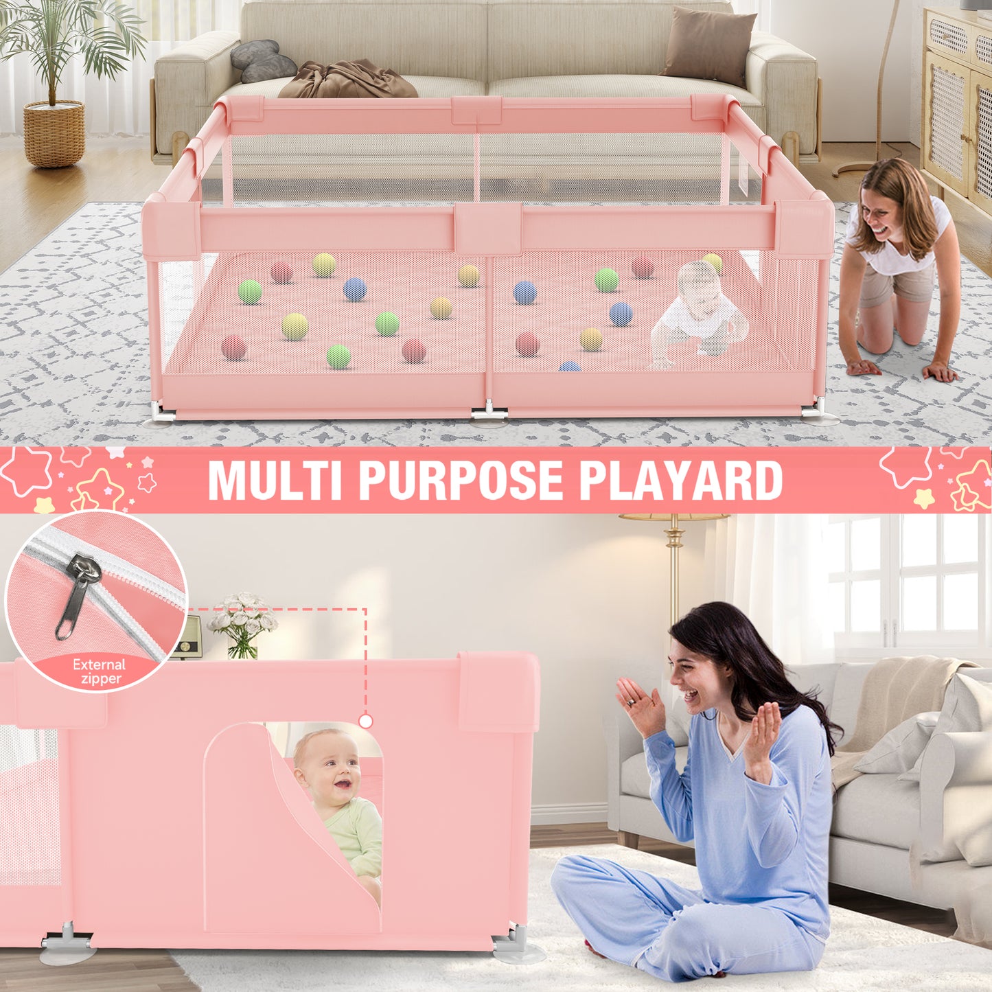 Babyeap Baby Playpen With Mat,50"x50"Play Pen for Babies and Toddlers,Play Yard With Gate for Indoor Outdoor,Pink