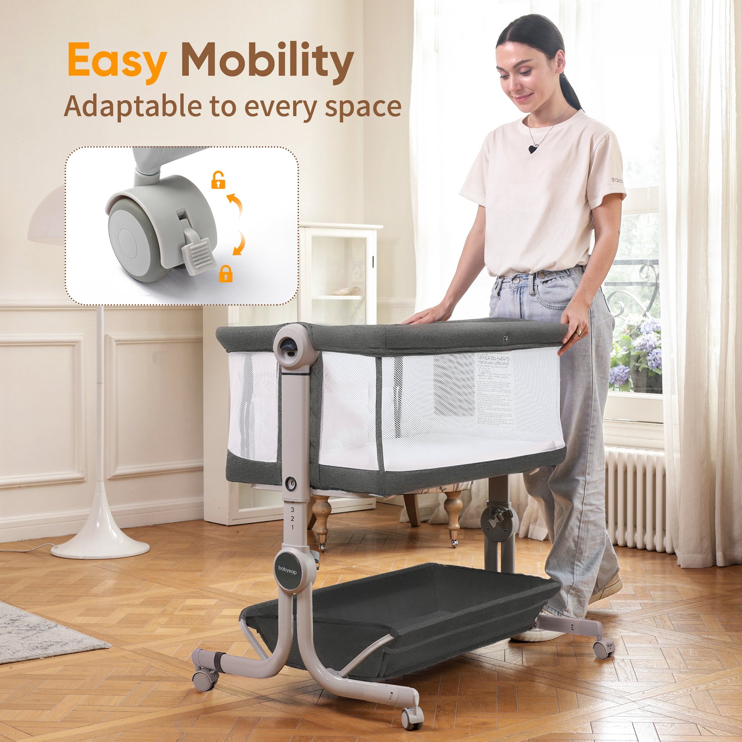 Babyeap 3 in 1 Baby Bassinet,Baby Basinet Bedside Sleeper, Standalone Baby Crib,6 Height Adjustable Portable Crib for Newborn