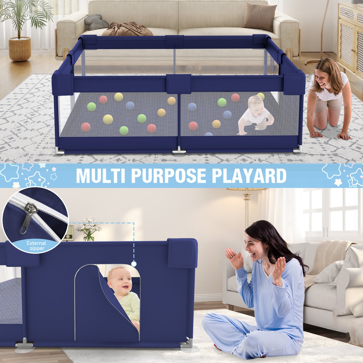 Babyeap Baby Playpen With Mat,50"x50"Play Pen for Babies and Toddlers,Play Yard With Gate for Indoor Outdoor,Navy Blue