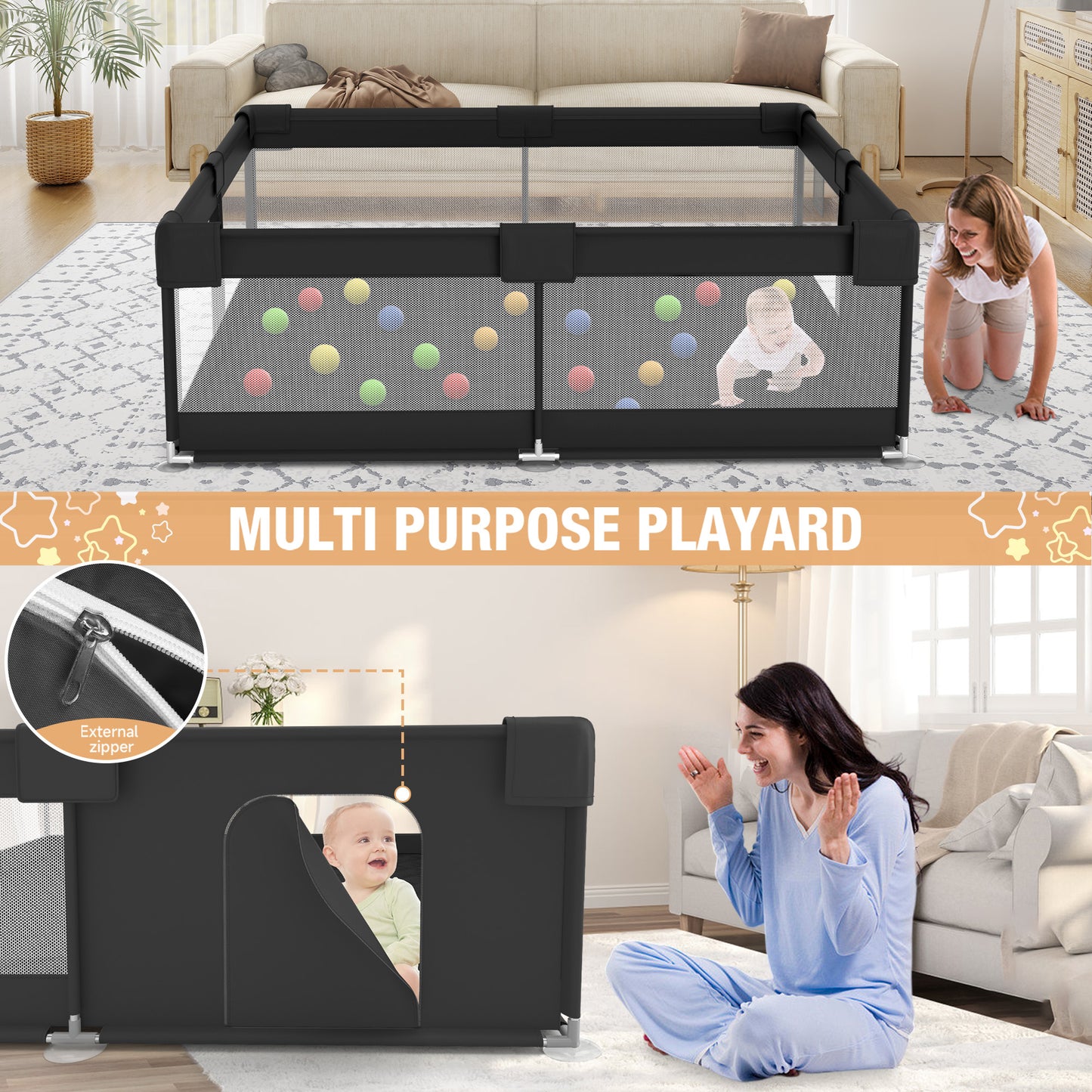 Babyeap Baby Playpen With Mat,50"x50"Play Pen for Babies and Toddlers,Play Yard With Gate for Indoor Outdoor,Black