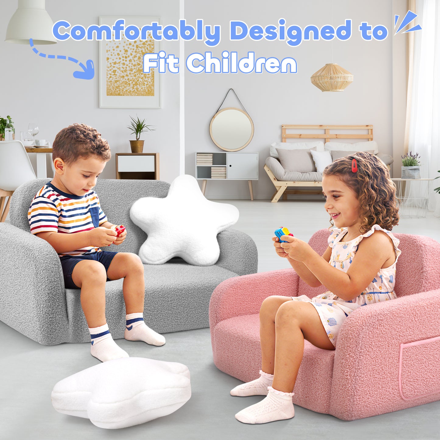 Babyeap Extra Wide Kids Chair,2-in-1 Convertible Toddler Chairs,Soft Comfy Kids Couch, Kids Sofa for Boys & Girls 3+,Light Gray