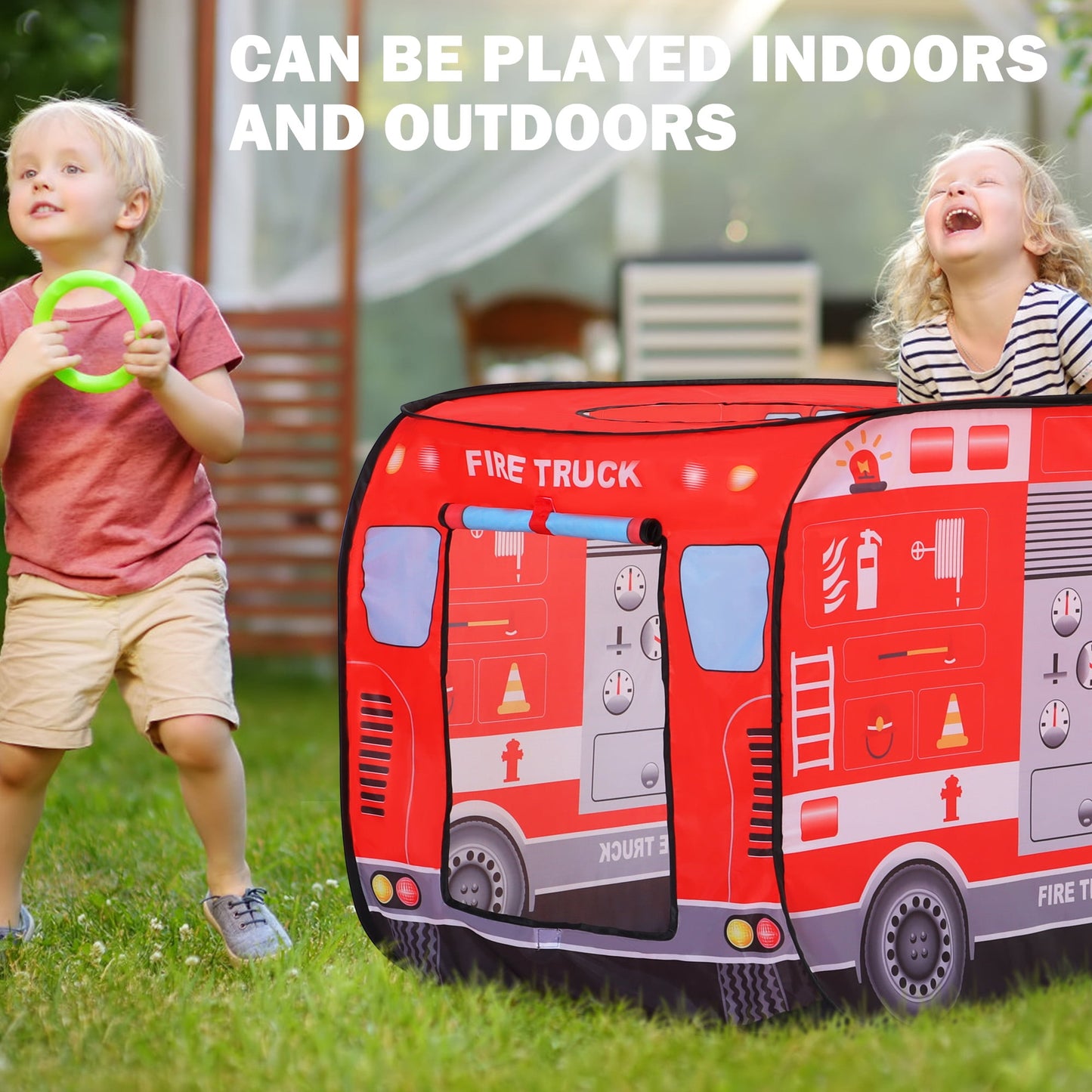 Yexmas Fire Truck Pop Up Tent with Carrying Case, Playhouse Indoor and Outdoor Kids Play Tent for Boys and Girls Children 3+ Years Gift
