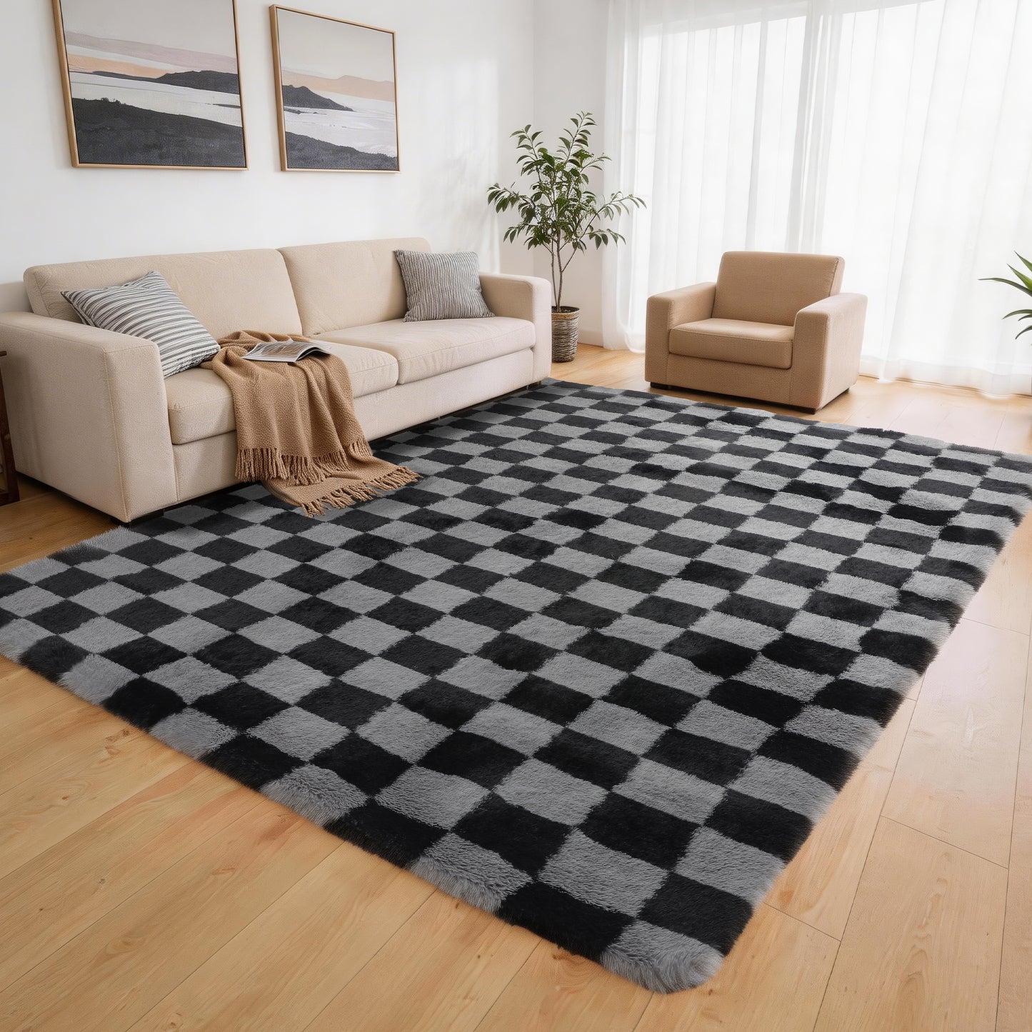 CozyDesg Shag Area Rugs,5'x8'/8' x 10' Soft Fluffy Floor Rugs Checkered Carpet，Washable Area Rugs for Living Room Bedroom Decor,Beige & White