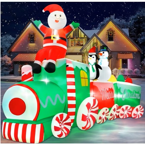Yexmas 10.5ft Christmas Inflatable Train with Santa Snowman Penguin Dinosaur Corner Outdoor Lights Decorations for Holiday Decorations,Christmas Parties,Yard,Garden and Lawn