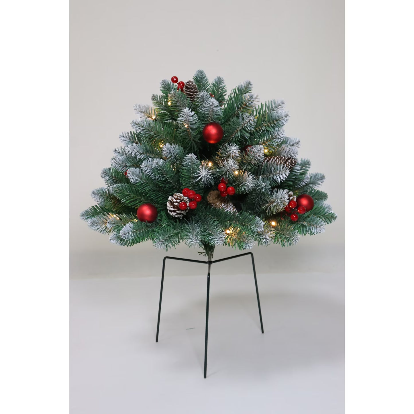 Yexmas 24IN Pre-Lit PVC Tabletop Christmas Tree, Snow-Flocked Artificial Tree with Warm White Lights, Pine Cones, Red Berries and Metal Stand