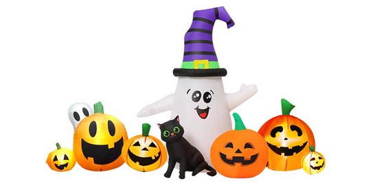Yexmas Long Halloween Inflatables, Outdoor Decorations Pumpkin Ghost and Black Cat, Build in LEDs Inflatable Yard Decoration Blow Up Ghost Decor for Indoor Outdoor Party Lawn Yard Garden