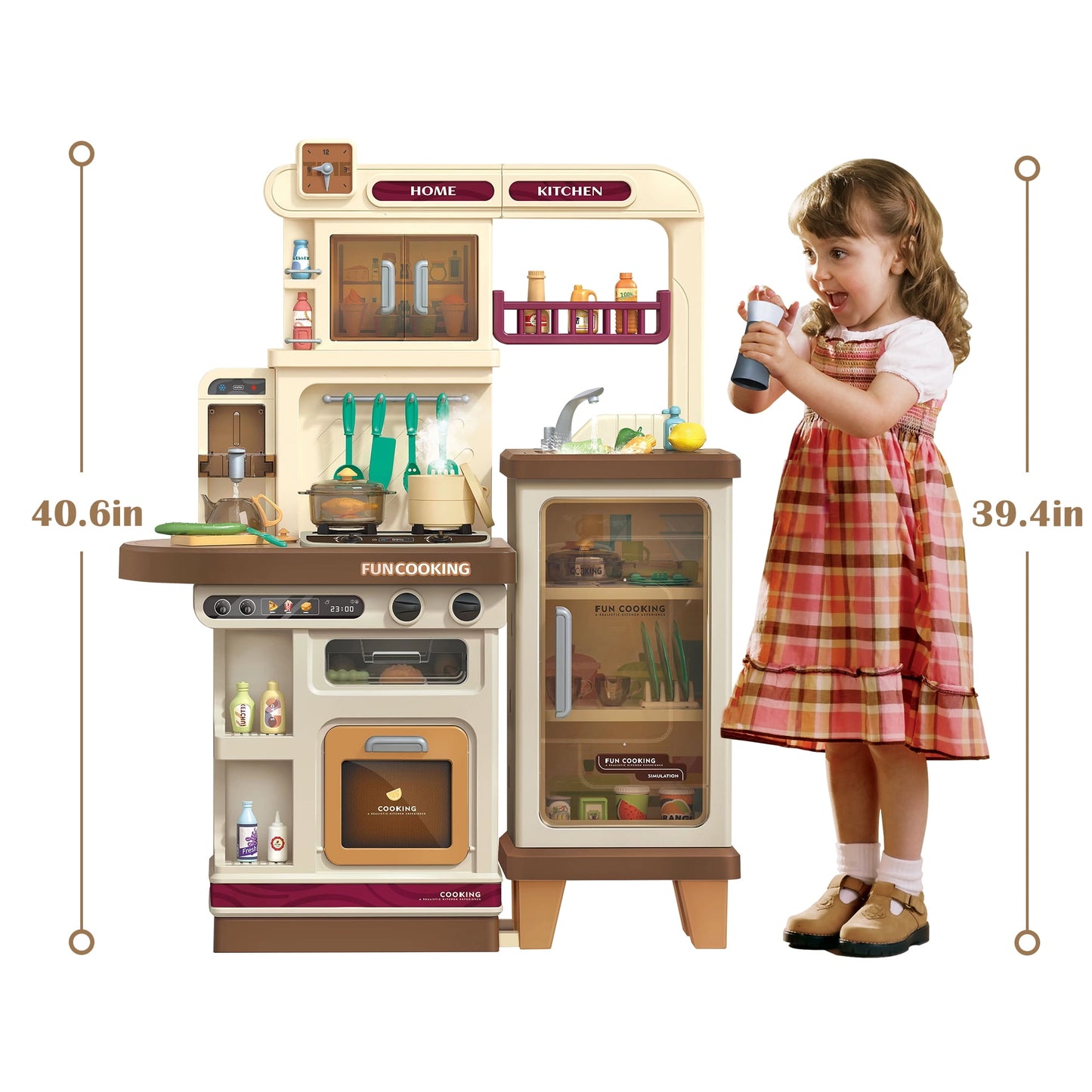 Lookfly 40.6 Inch Play Kitchen Set for Kids, Large Pretend Play Kitchen with Realistic Lights and Sounds, Simulation of Spray for Toddlers Girls Boys Gift, Brown