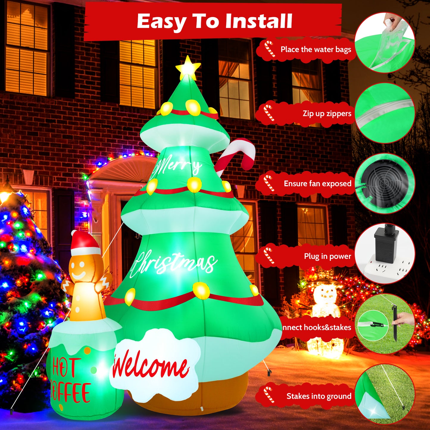 Yexmas 7FT Large Outdoor Inflatable Christmas Tree with Snowman, Hot Coffee Cup and Welcome Sign, Built-in LED Lights, Blow Up Xmas Decoration for Yard, Garden, Lawn