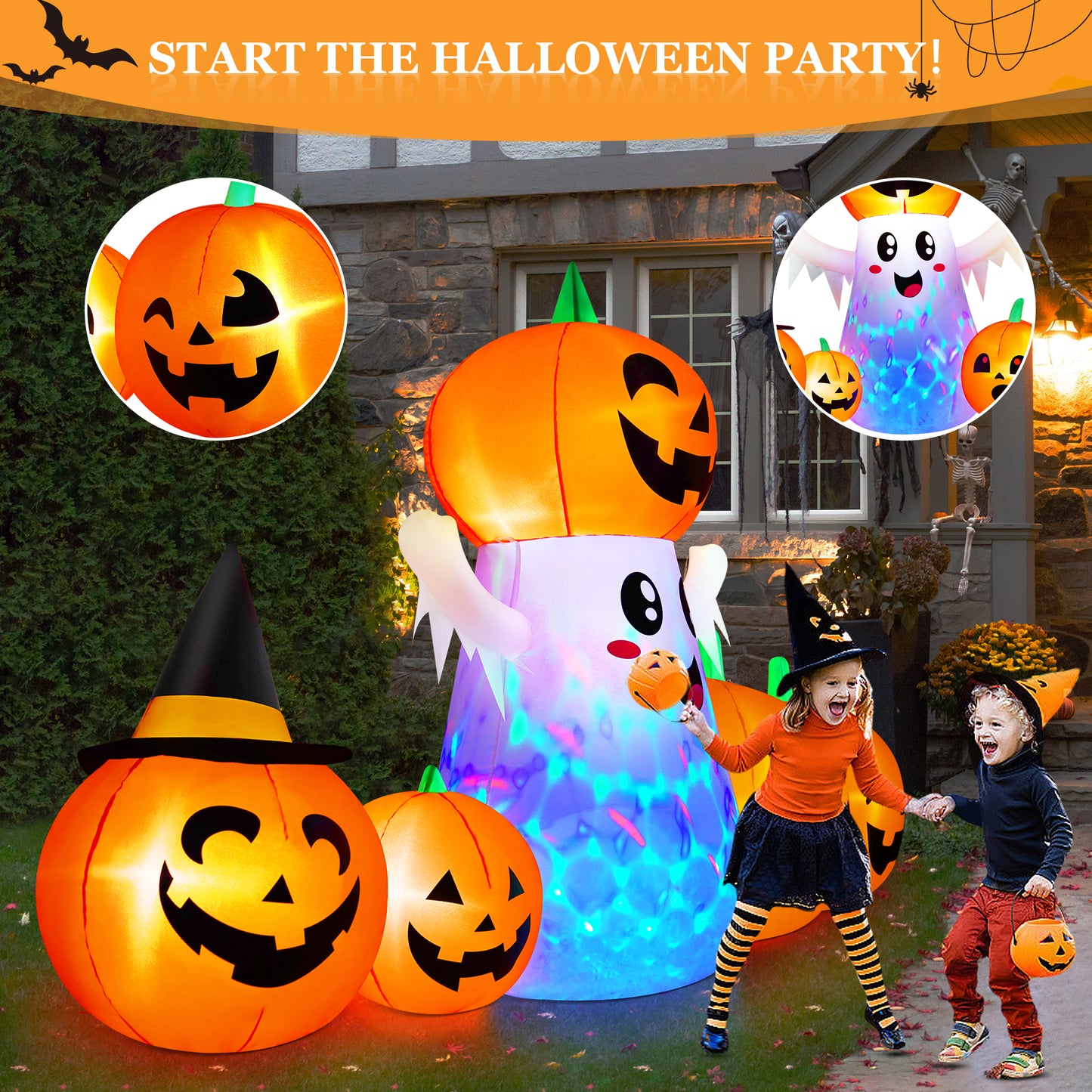 Yexmas 9.4ft Halloween Inflatable Pumpkins Outdoor Decor with Black Cat Tombstone and Spectre,Built-in LED Lights,for Halloween Party,Yard,Garden,Lawn