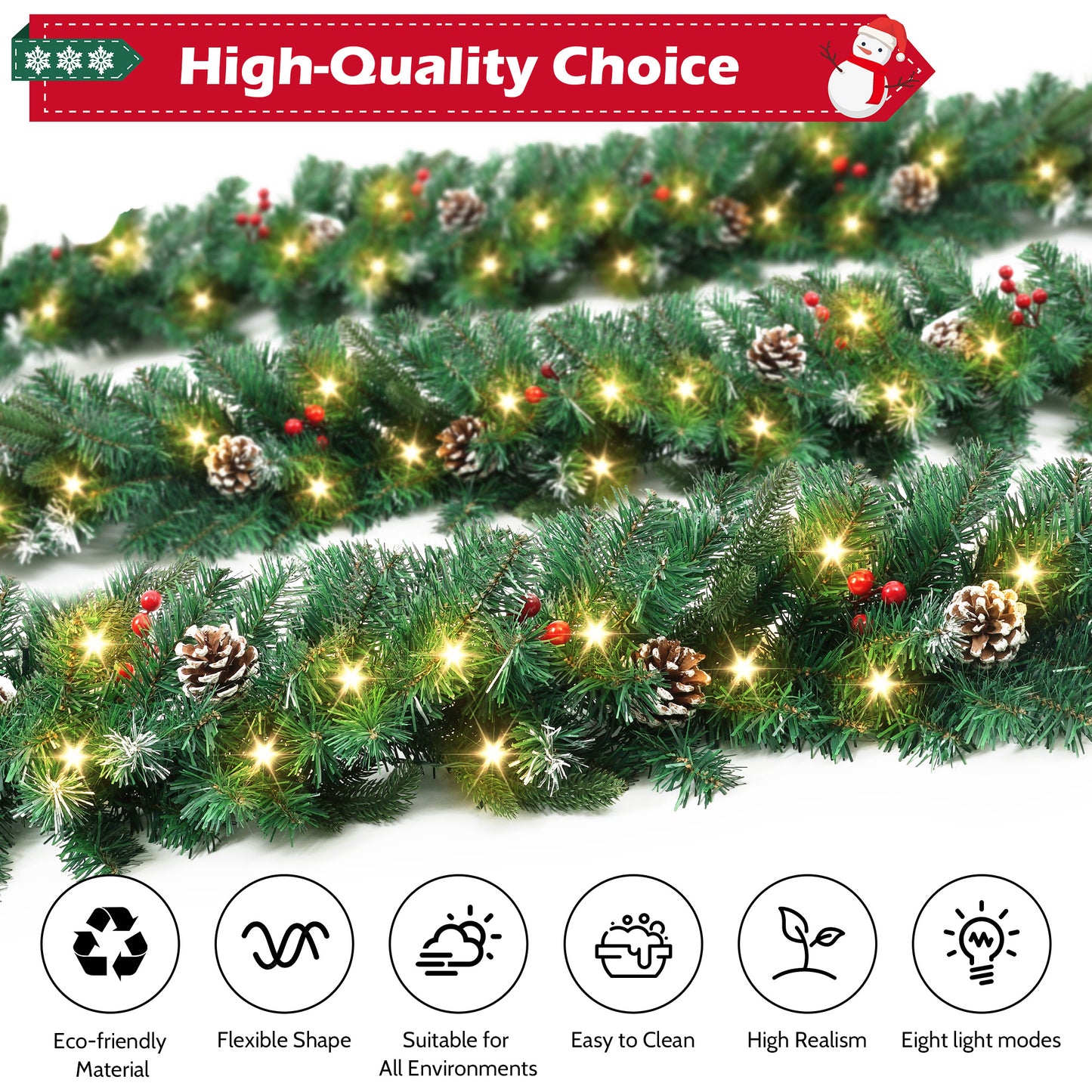 Yexmas 9ft Large Christmas Garland, Multi-Purpose Xmas Wreath with 90 LED Lights, Battery Operated