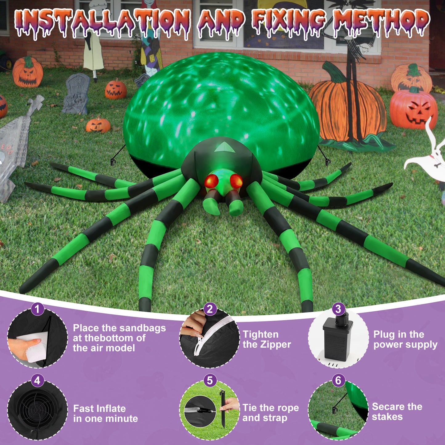 8FT Halloween Inflatables Outdoor Decorations Giant Spider Decorations with LED Lights and Air Pump Blow up Inflatable Green