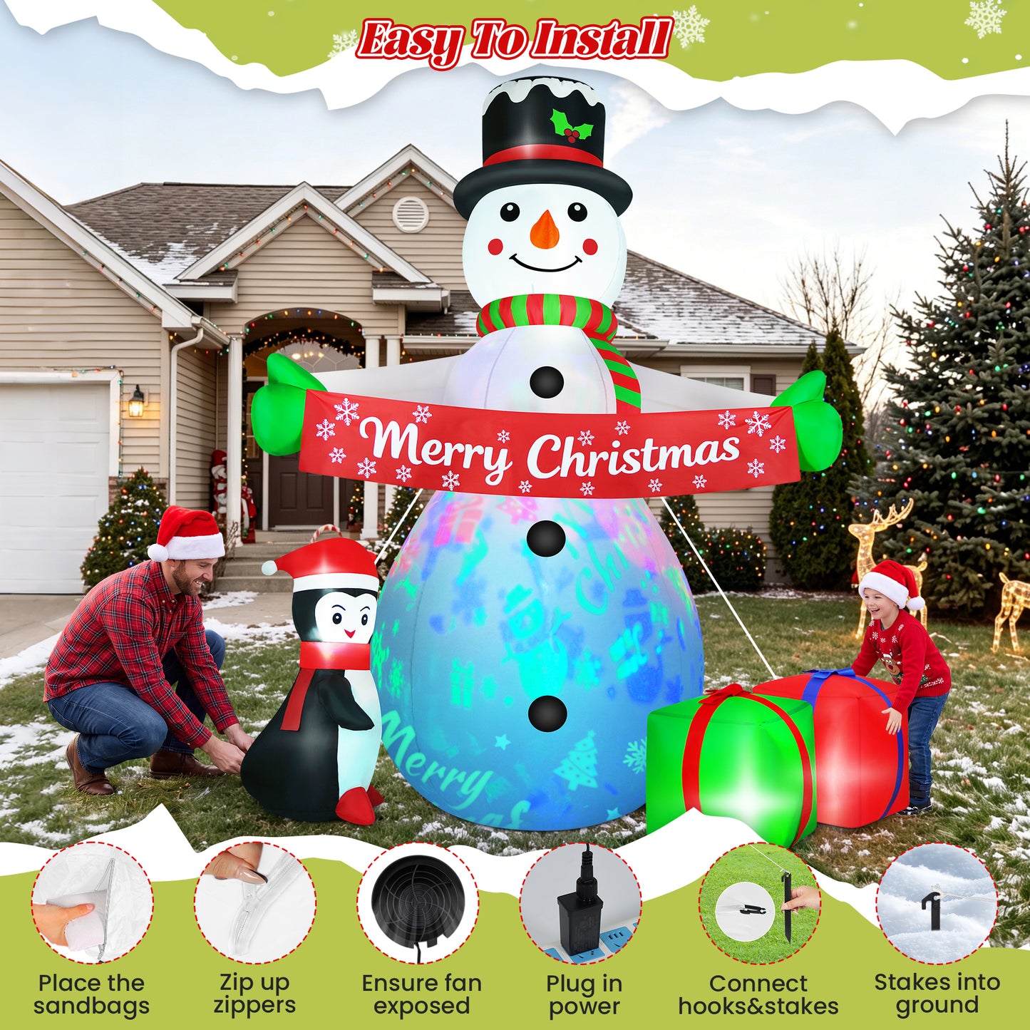 Yexmas 8FT Christmas Inflatable Snowman Blow Up Yard Decor with 360° Colorful Projection, Music On/Off, Penguin, Gift Boxes, Merry Christmas Banner for Outdoor Yard Decor