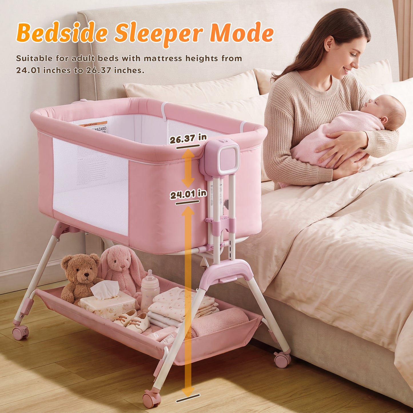 Babyeap 3-in-1 Baby Bassinet, Adjustable Bedside Sleeper with Gentle Rocking Motion, Storage Basket and Wheels for Infants, Gray