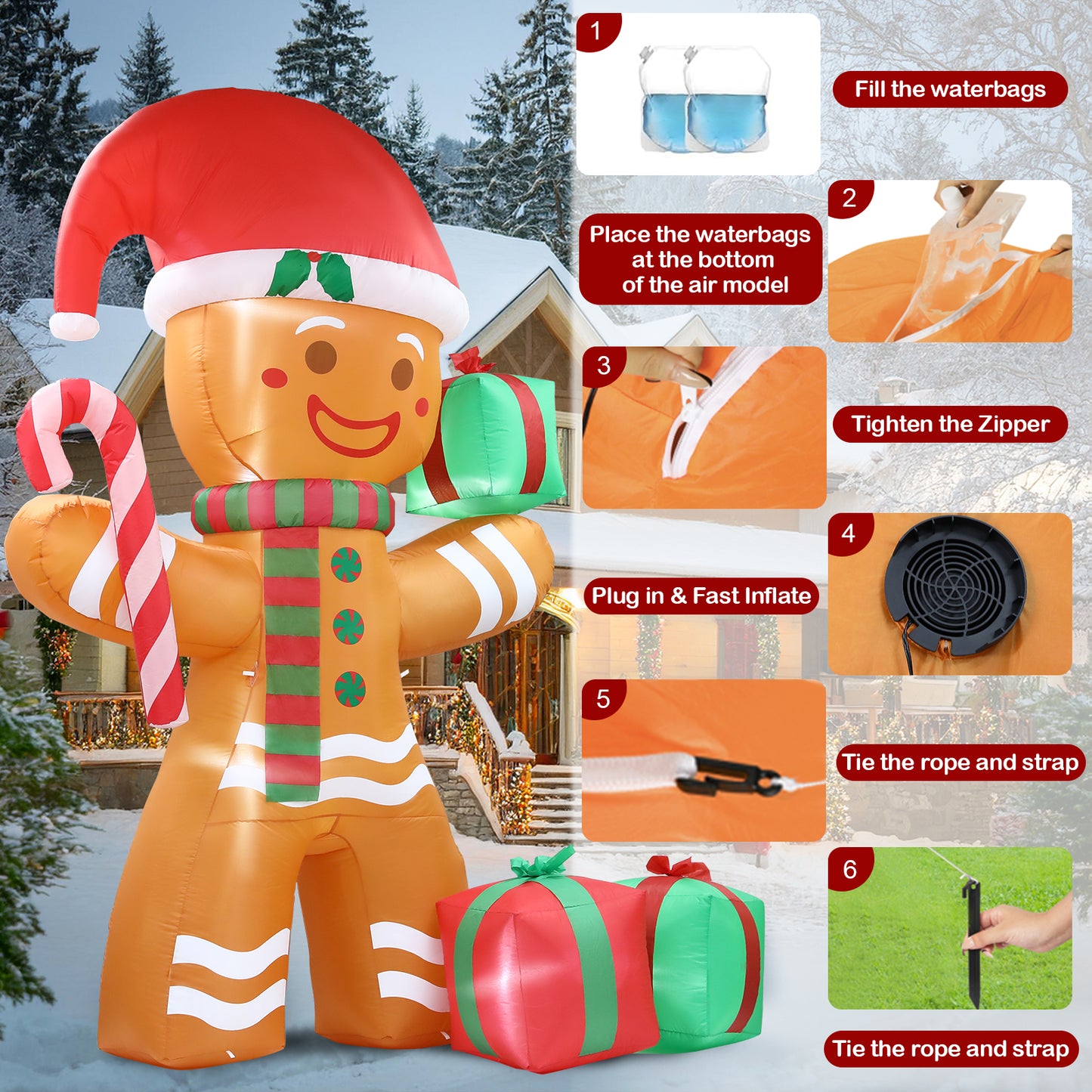 8FT Christmas Inflatables Gingerbread Man Outdoor Decorations, Christmas Blow Up Yard Decorations with Build-in LEDs, Inflatable Christmas Decorations Outdoor for The Yard, Lawn, Garden