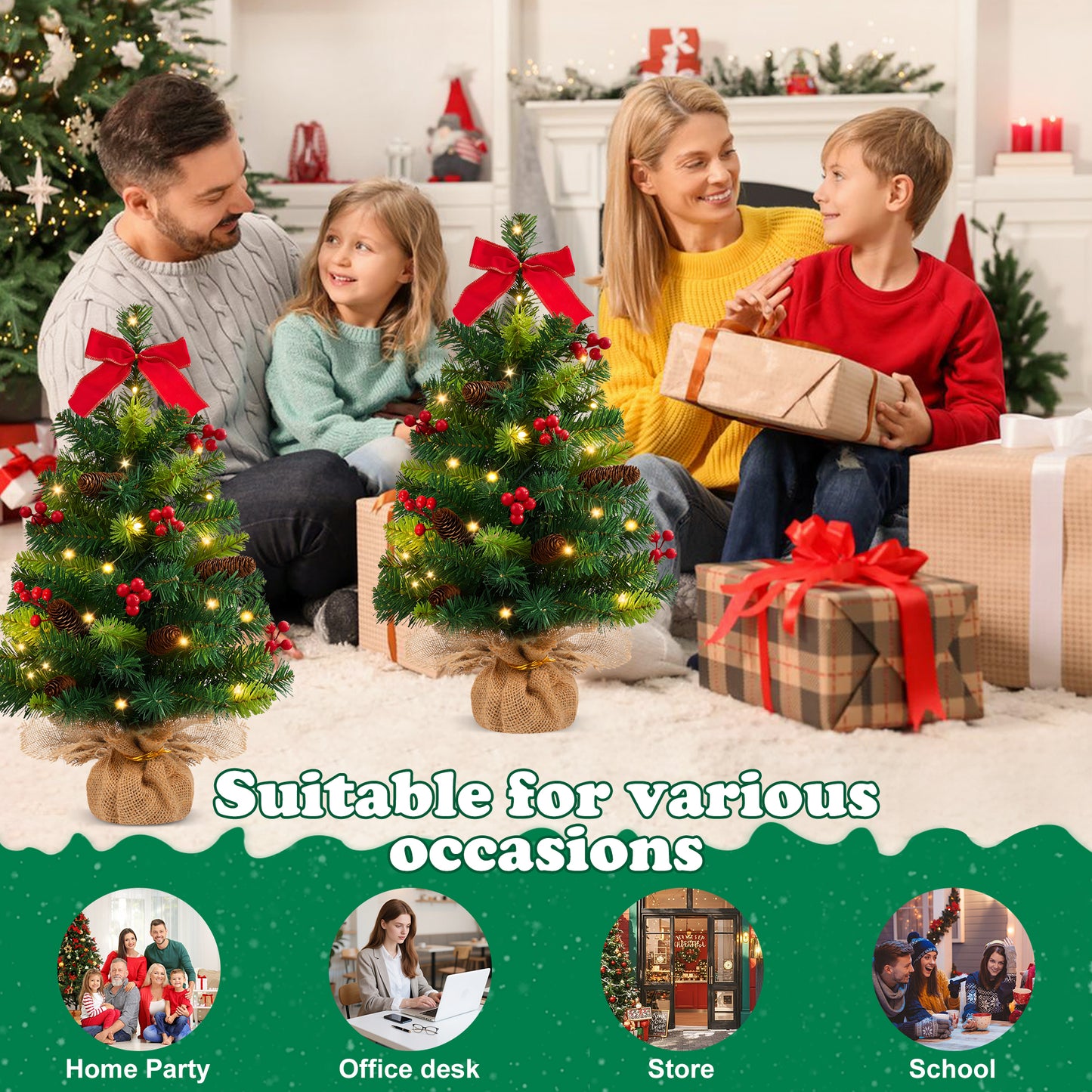 Yexmas 2PCS Pre-lit Artificial Mini Christmas Tree,24 Inch Small Tabletop Xmas Tree for Indoor Outdoor Christmas Decor