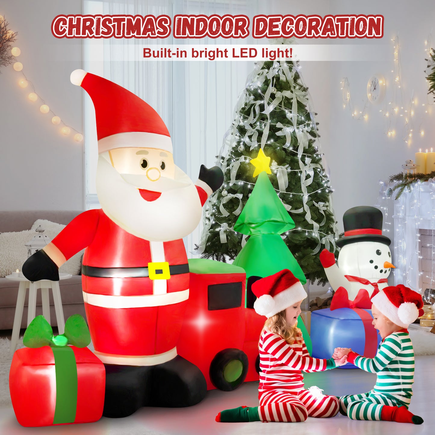 Yexmas 9FT Christmas Inflatables with Blow Up LED Lights, Santa Claus Snowman Train Gift Boxes & Christmas Tree for Indoor Outdoor Xmas Decoration