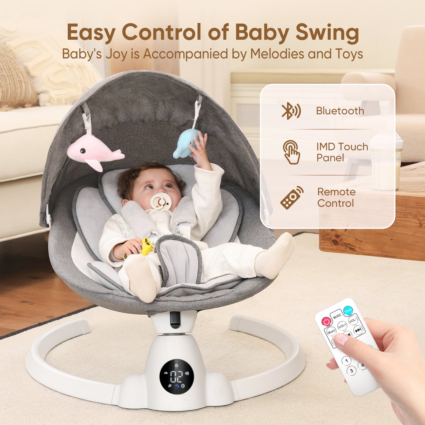 Babyeap Baby Swing for Infants - Smart Electric Swing with Bluetooth Control 5-point Harness,5 Sway Speed,10 Lullabies(Gray)