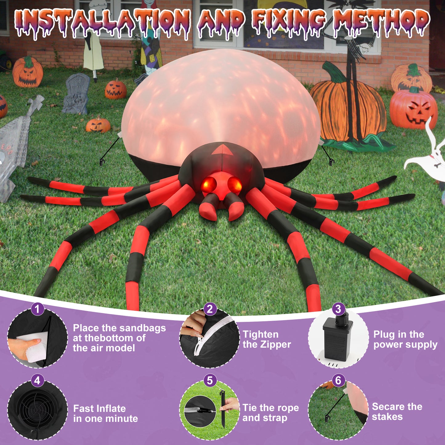 8FT Halloween Inflatables Outdoor Decorations Giant Spider Decorations with LED Lights and Air Pump Blow up Inflatable Red