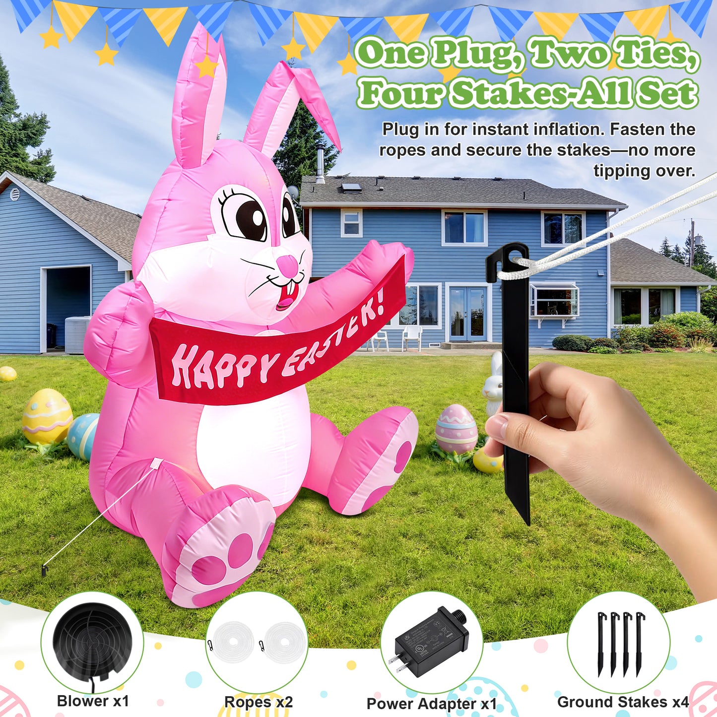 Yexmas 5ft Easter Inflatables,Blow Up Yard Decoration Happy Easter Bunny Decorations Built in LED Lights for Outdoor Lawn Garden Party