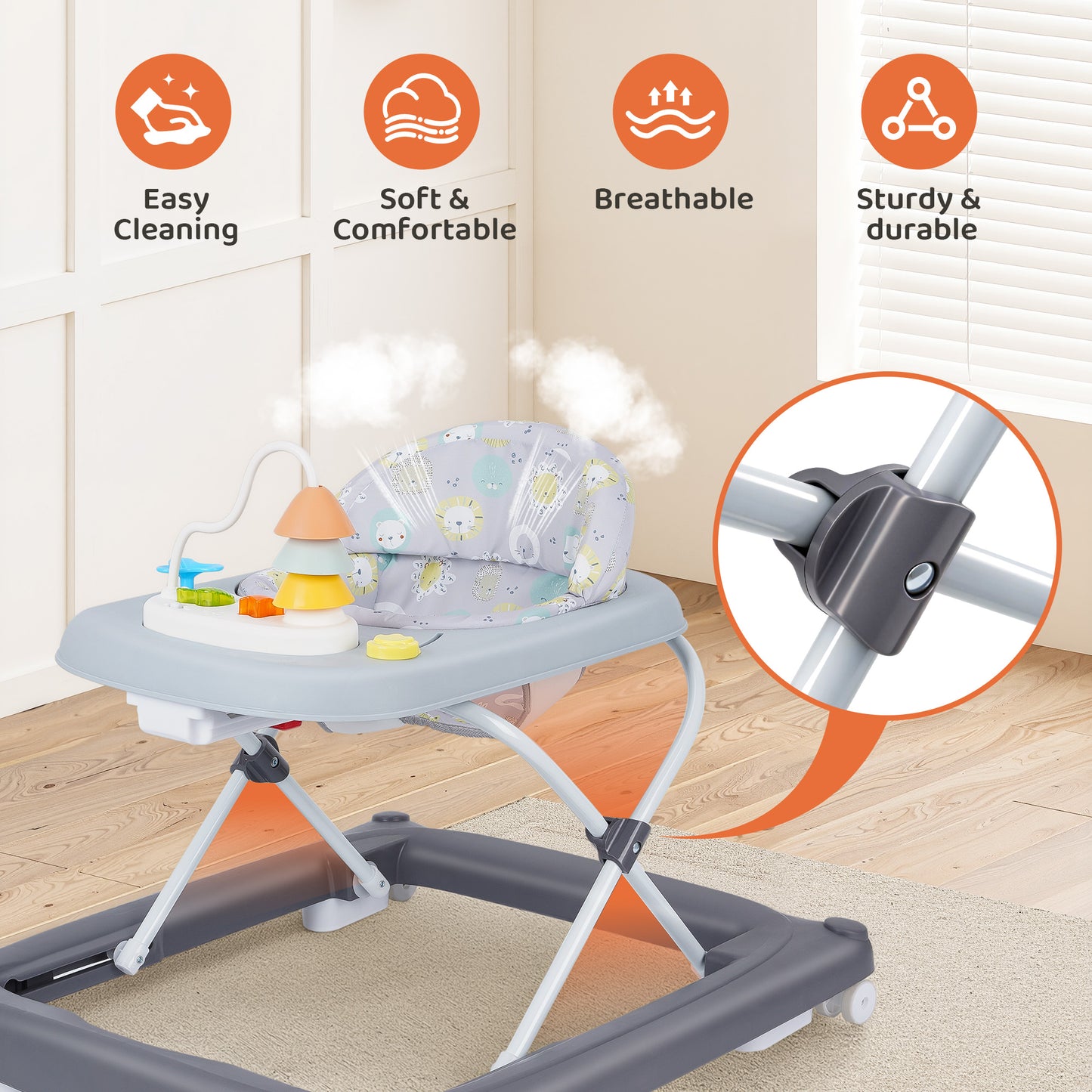 Babyeap Baby Walker,Foldable Baby Activity Walker with Wheels,Toddler Activity Centers,Removable Toys,Ages 6 Months +,Gray