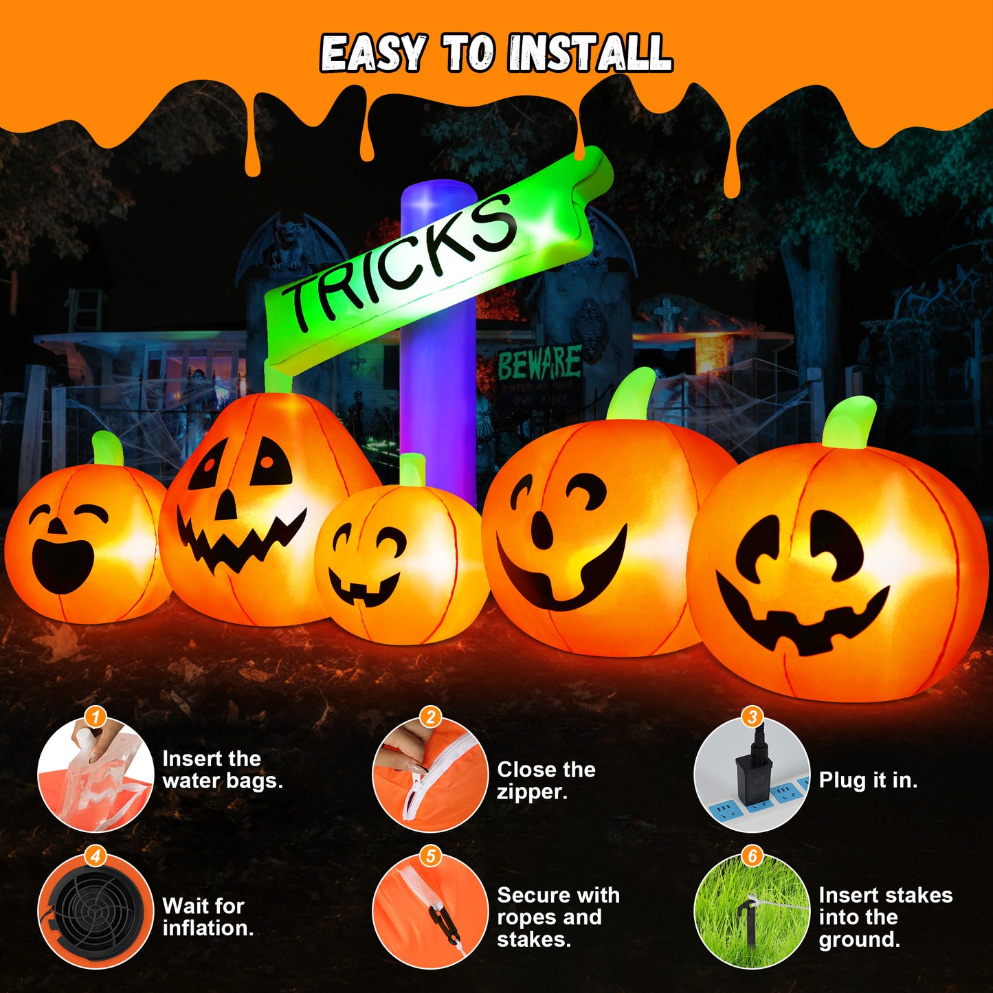 Yexmas 9FT Halloween Inflatable Decoration with TRICKS Sign and Pumpkins,Built-in LED Lights,Blow Up Halloween Yard Decor for Indoor/Outdoor Party,Yard,Lawn
