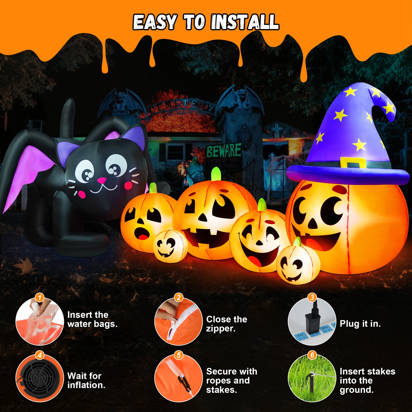 Yexmas 9FT Halloween Inflatable Black Cat with Pumpkin,Halloween Yard Decoration with 8 LED Lights,Blow Up Outdoor Lawn Decor