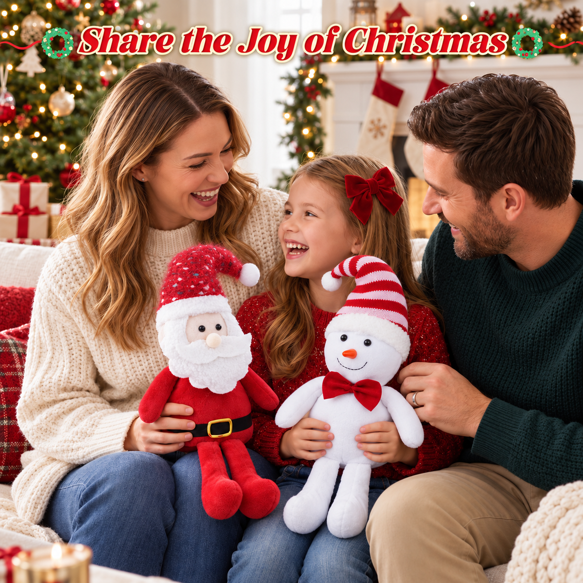 Yexmas 2pcs Plush Christmas Decorations with Snowman&Santa Claus, Handmade Soft Santa Doll, Stuffed Figurine Xmas Ornaments for Door Window Table Fireplace Party Holiday Decor
