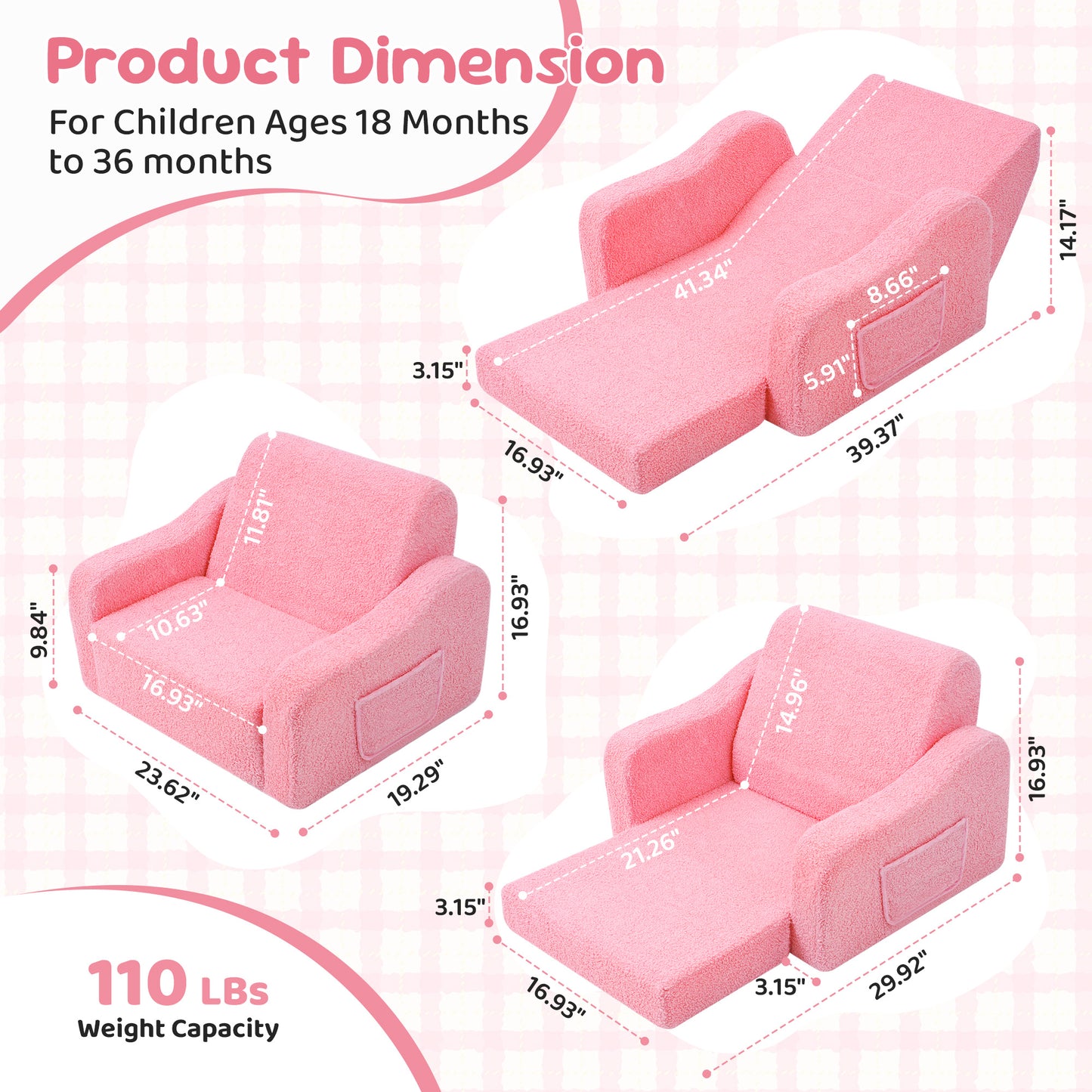 Babyeap 3-in-1 Kids Sofa,Toddler Sofa Bed Fold Out,Comfy Kids Couch,Convertible Baby Chair for Girls and Boys,Pink