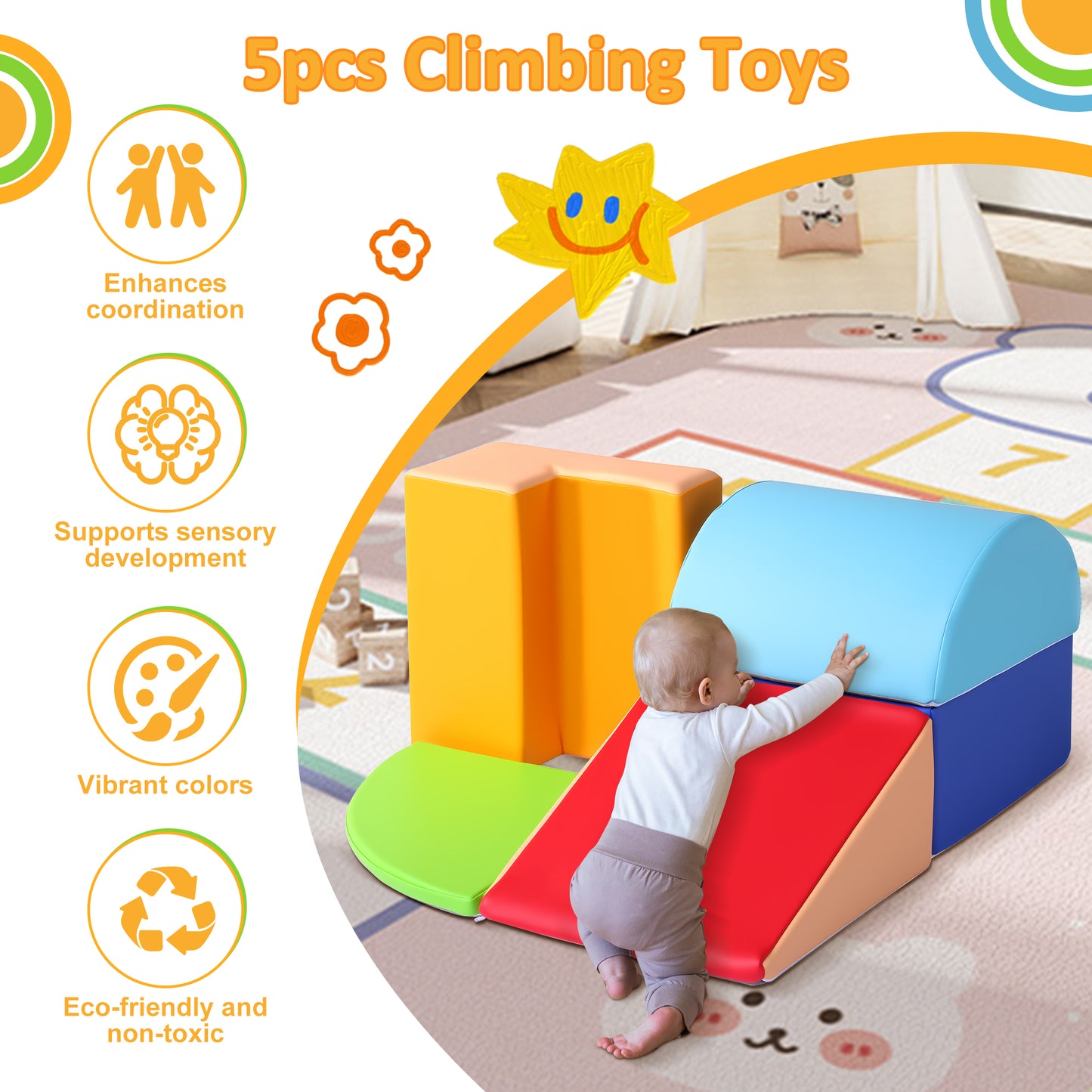 Lookfly 5-Piece Soft PU Leather Toddlers Climbing Toys,Play Set Indoor Baby Climbing Toysclimbing Foam Blocks for 1-3