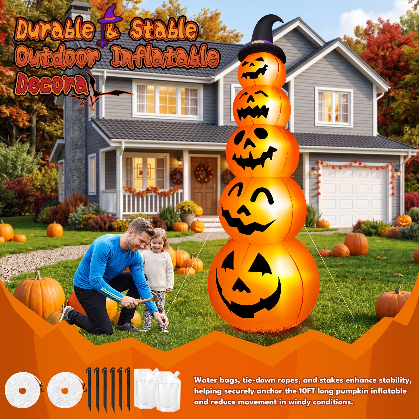 Yexmas 10ft Halloween Inflatable Pumpkins Outdoor Decor with Black Cat Tombstone and Spectre,Built-in LED Lights,for Halloween Party,Yard,Garden,Lawn