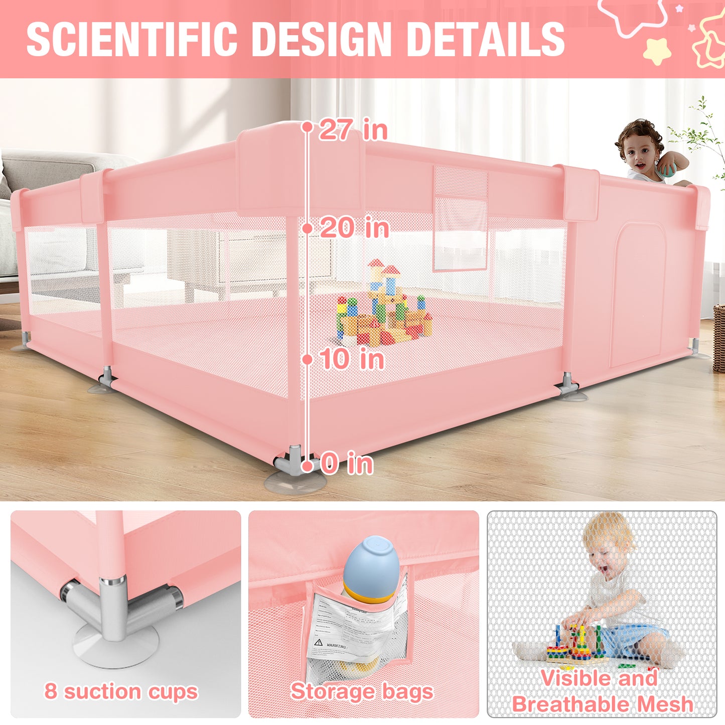 Babyeap Baby Playpen With Mat,50"x50"Play Pen for Babies and Toddlers,Play Yard With Gate for Indoor Outdoor,Pink