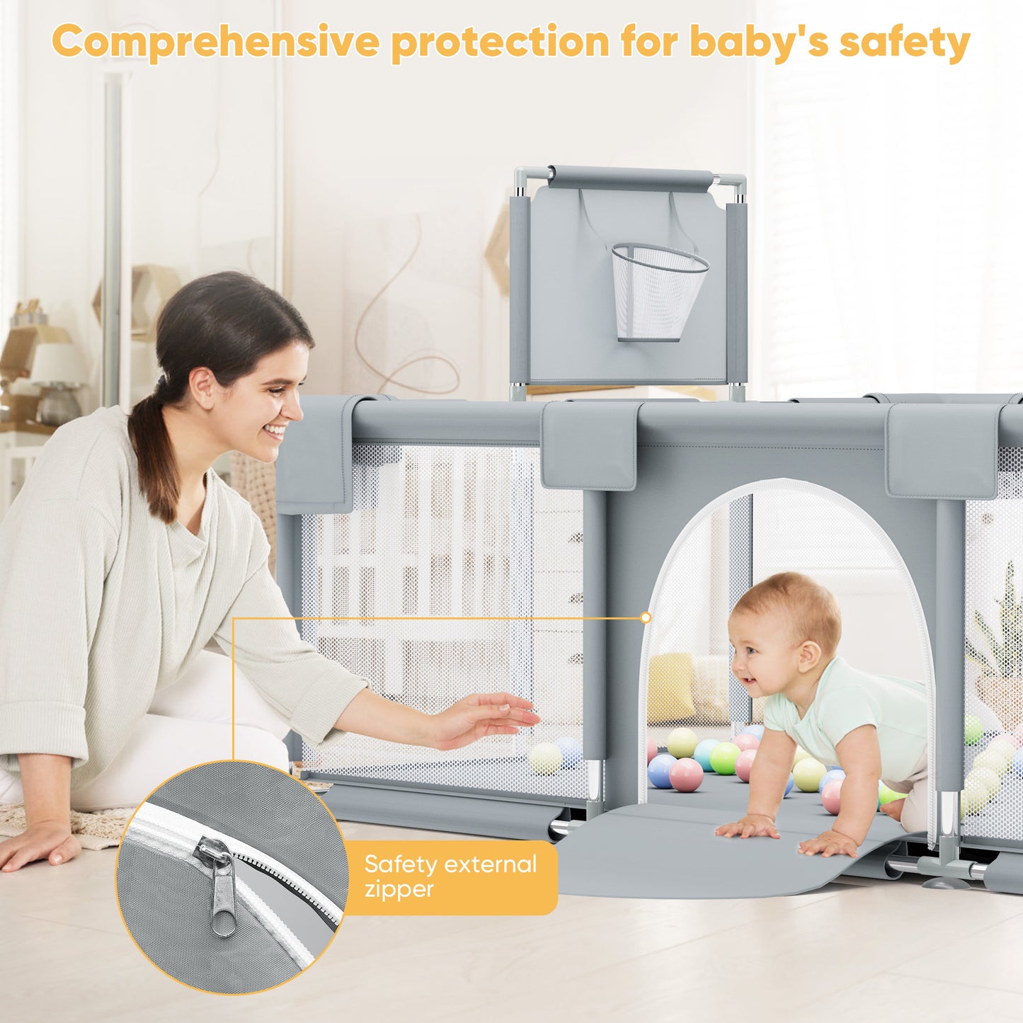 babyeap Baby Playpen,73 Inch Extra Large Baby Playard,Playpen for Babies and Toddlers With Basketball Hoop,Children Kids Play Fence for Indoors Outdoors,Gray