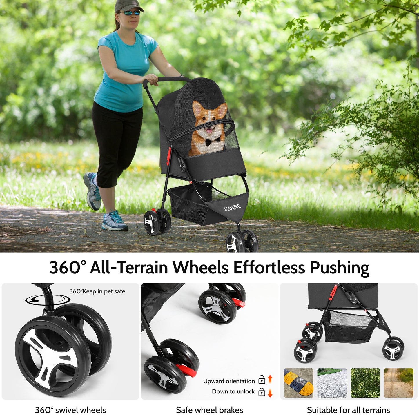 Zoolike 3 Wheel Pet Stroller Cat Dog Stroller Foldable Jogging Travel Perros Carrier for Small Medium Dogs，Puppy Stroller,Black
