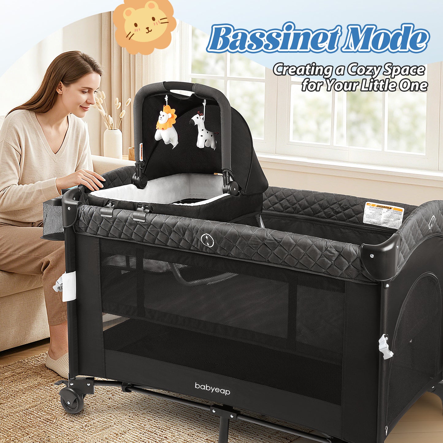 Babyeap 7-in-1 Baby Bassinet with Playard and Bedside Sleeper, Changing Table, Toy Bar, Extra Large Storage Bag, Travel Crib for Newborns and Infants, Black