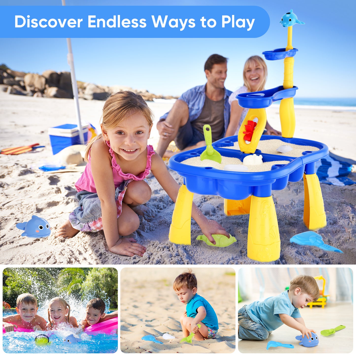 Yexmas Sand Water Table for Toddlers, Sand Table and Water Play Table, Kids Table Activity Sensory Play Table Beach Sand Water Toy 37 Pcs Accessories Outdoor Backyard for Baby Kids Children Gift