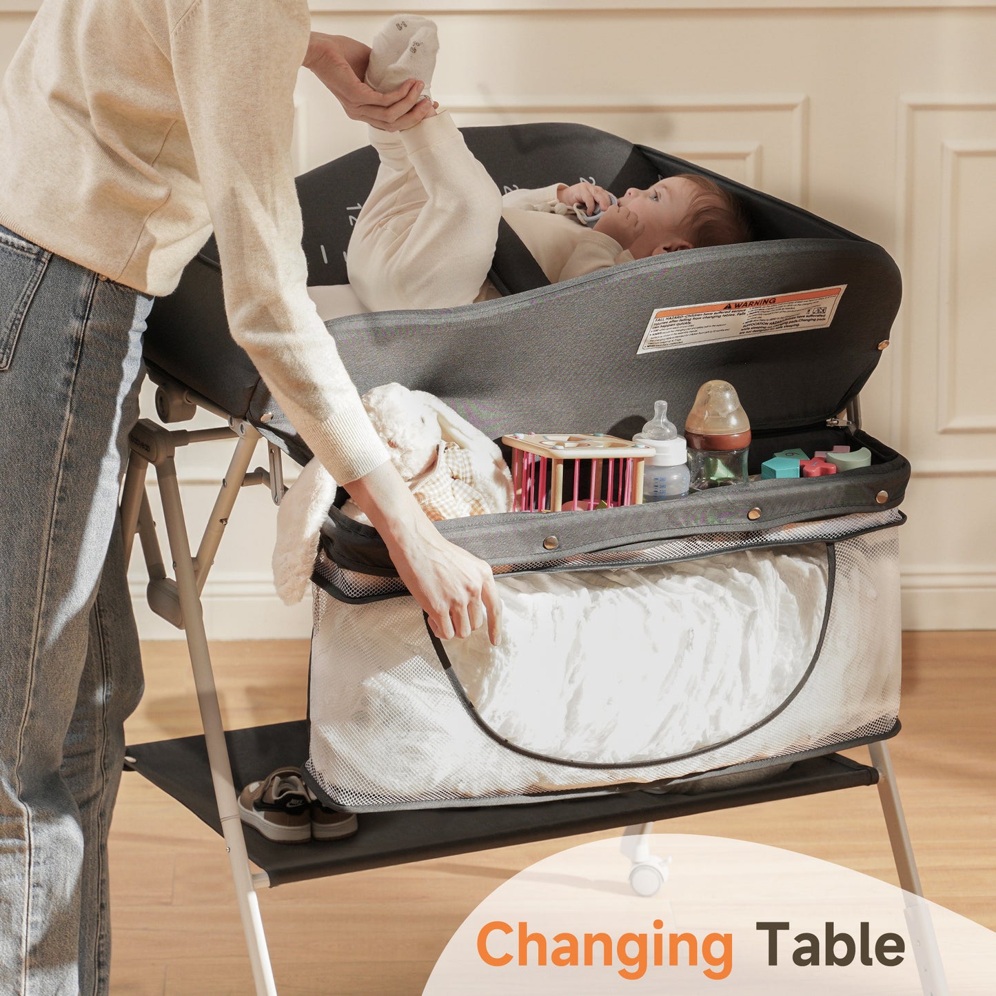 Babyeap Baby Changing Table with Wheels, Portable Foldable Diaper Changing Station with Adjustable Height & Waterproof Pad, Nursery Organizer Storage for Newborn & Infant