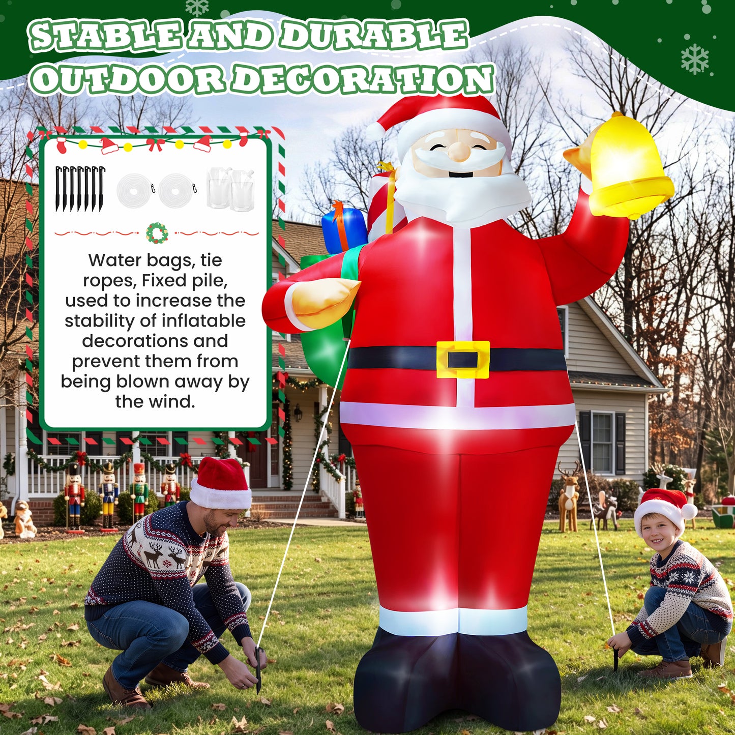 Yexmas 8ft Christmas Inflatable Santa Claus Outdoor Decor with Gift Bag and Bell,Large Blow Up Santa with LED Lights for Yard Lawn Garden